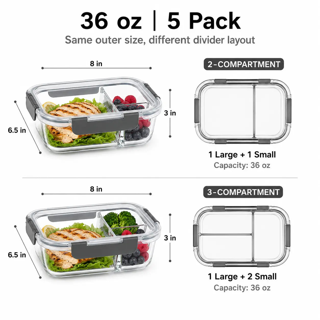 5-Pack (36oz) Borosilicate Glass Meal Prep