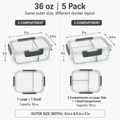5-Pack (36oz) Borosilicate Glass Meal Prep